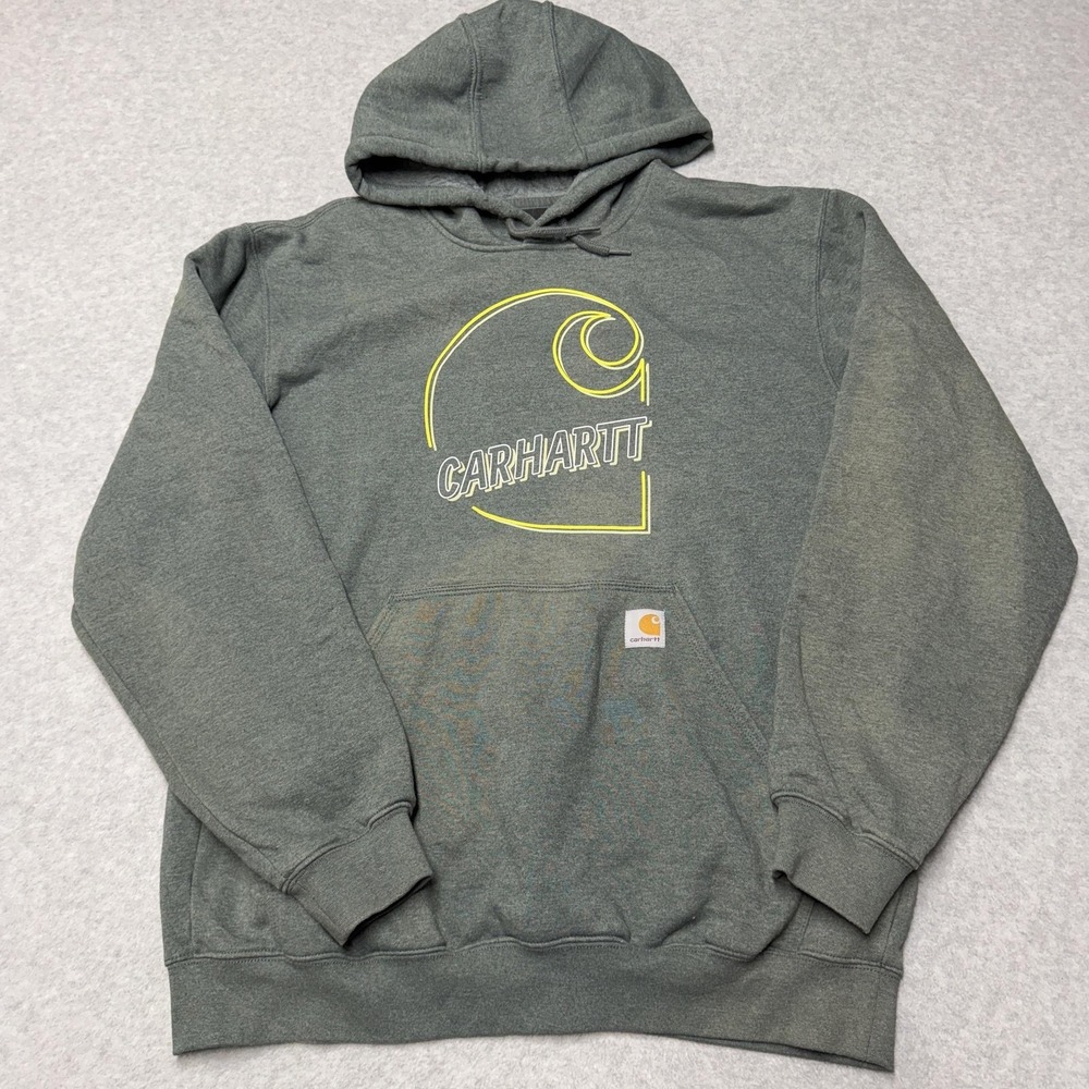 Carhartt Hoodie Mens Large Gray Loose Fit Fleece Pullover Graphic Sweatshirt